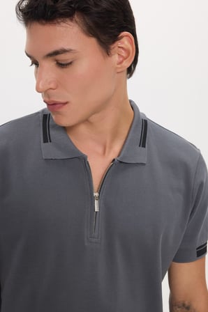 Erkek Slim Fit Dar Kesim %100 Pamuk Kısa Kollu Fermuarlı Antrasit Polo Yaka Tişört
