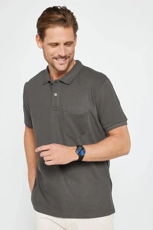 Erkek Regular Fit Klasik Kesim %100 Pamuk Düz Pike Gri Polo Yaka Tişört