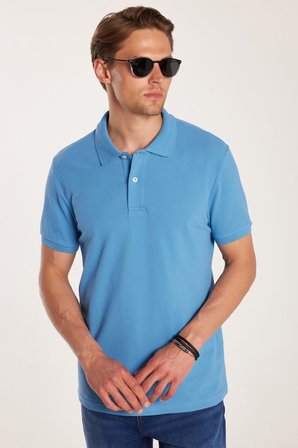 Erkek Slim Fit Dar Kesim Premium Seri %100 Pamuk Yumuşak Dokulu Merserize Mavi Polo Yaka Tişört 