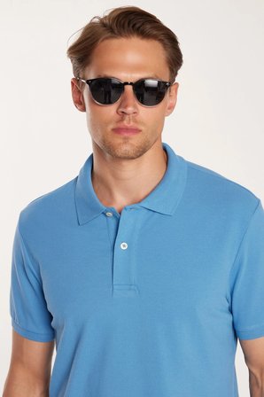 Erkek Slim Fit Dar Kesim Premium Seri %100 Pamuk Yumuşak Dokulu Merserize Mavi Polo Yaka Tişört 
