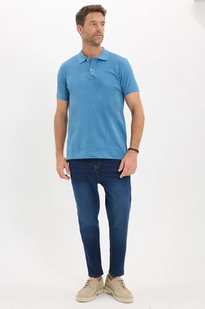Erkek Slim Fit Dar Kesim Premium Seri %100 Pamuk Yumuşak Dokulu Merserize İndigo Polo Yaka Tişört