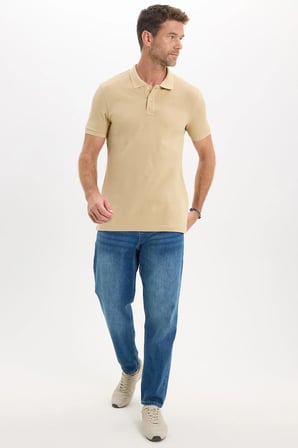 Erkek Slim Fit Dar Kesim Premium Seri %100 Pamuk Yumuşak Dokulu Merserize Bej Polo Yaka Tişört