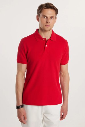 Erkek Slim Fit Dar Kesim Premium Seri %100 Pamuk Yumuşak Dokulu Merserize Kırmızı Polo Yaka Tişört 