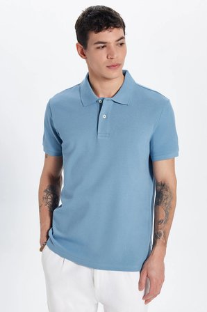 Erkek Slim Fit Dar Kesim Premium Seri %100 Pamuk Yumuşak Dokulu Merserize Mavi Polo Yaka Tişört 