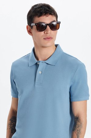 Erkek Slim Fit Dar Kesim Premium Seri %100 Pamuk Yumuşak Dokulu Merserize Mavi Polo Yaka Tişört 