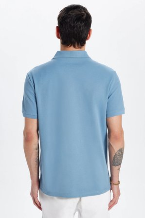 Erkek Slim Fit Dar Kesim Premium Seri %100 Pamuk Yumuşak Dokulu Merserize Mavi Polo Yaka Tişört 