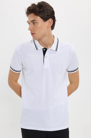 Erkek Slim Fit Dar Kesim %100 Pamuk Düz Pike Yaka ve Kol Detaylı Beyaz Polo Yaka Tişört