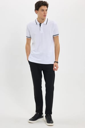 Erkek Slim Fit Dar Kesim %100 Pamuk Düz Pike Yaka ve Kol Detaylı Beyaz Polo Yaka Tişört