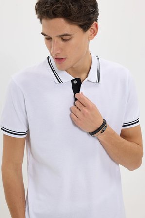 Erkek Slim Fit Dar Kesim %100 Pamuk Düz Pike Yaka ve Kol Detaylı Beyaz Polo Yaka Tişört