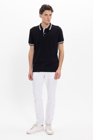 Erkek Slim Fit Dar Kesim %100 Pamuk Düz Pike Yaka ve Kol Detaylı Siyah Polo Yaka Tişört