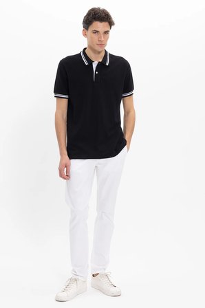 Erkek Slim Fit Dar Kesim %100 Pamuk Düz Pike Yaka ve Kol Detaylı Siyah Polo Yaka Tişört