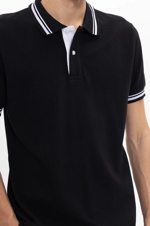 Erkek Slim Fit Dar Kesim %100 Pamuk Düz Pike Yaka ve Kol Detaylı Siyah Polo Yaka Tişört