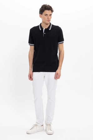 Erkek Slim Fit Dar Kesim %100 Pamuk Düz Pike Yaka ve Kol Detaylı Siyah Polo Yaka Tişört