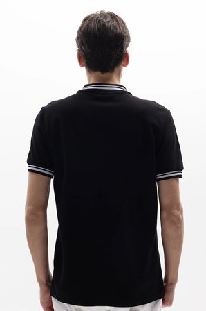 Erkek Slim Fit Dar Kesim %100 Pamuk Düz Pike Yaka ve Kol Detaylı Siyah Polo Yaka Tişört