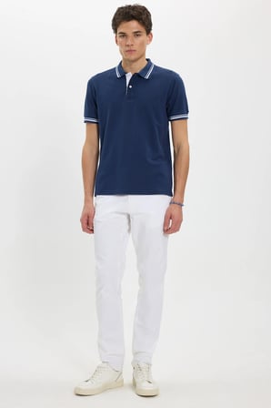 Erkek Slim Fit Dar Kesim %100 Pamuk Düz Pike Yaka ve Kol Detaylı Lacivert Polo Yaka Tişört