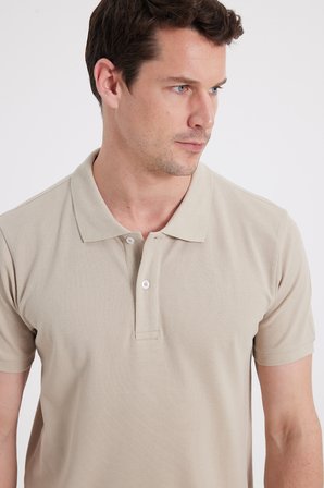Erkek Slim Fit Dar Kesim %100 Pamuk Bej Polo Yaka Tişört