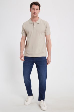Erkek Slim Fit Dar Kesim %100 Pamuk Bej Polo Yaka Tişört