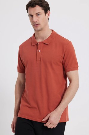 Erkek Slim Fit Dar Kesim %100 Pamuk Kısa Kollu Polo Yaka Turuncu Tişört