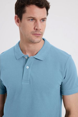 Slim Fit Dar Kesim %100 Pamuk Erkek Polo Yaka Mavi Tişört