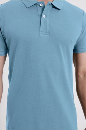 Slim Fit Dar Kesim %100 Pamuk Erkek Polo Yaka Mavi Tişört