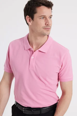 Erkek Slim Fit Dar Kesim %100 Pamuk Kısa Kollu Polo Yaka Pembe Tişört