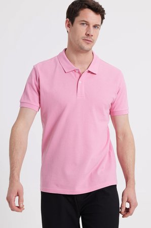Erkek Slim Fit Dar Kesim %100 Pamuk Kısa Kollu Polo Yaka Pembe Tişört