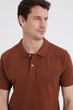 Erkek Slim Fit Dar Kesim %100 Pamuk Kısa Kollu Polo Yaka Kahverengi Tişört