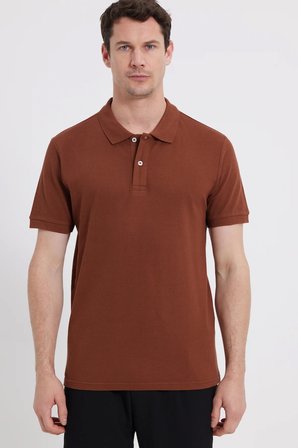 Erkek Slim Fit Dar Kesim %100 Pamuk Kısa Kollu Polo Yaka Kahverengi Tişört