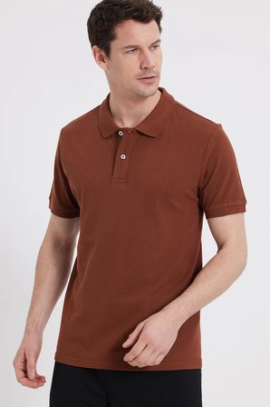 Erkek Slim Fit Dar Kesim %100 Pamuk Kısa Kollu Polo Yaka Kahverengi Tişört