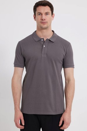 Erkek Slim Fit Dar Kesim %100 Pamuk Kısa Kollu Polo Yaka Gri Tişört