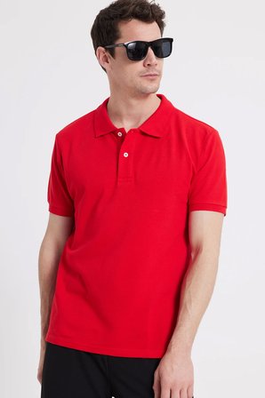 Erkek Slim Fit Dar Kesim %100 Pamuk Kısa Kollu Polo Yaka Kırmızı Tişört