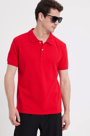 Erkek Slim Fit Dar Kesim %100 Pamuk Kısa Kollu Polo Yaka Kırmızı Tişört