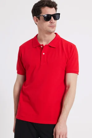 Erkek Slim Fit Dar Kesim %100 Pamuk Kısa Kollu Polo Yaka Kırmızı Tişört
