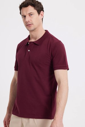 Erkek Slim Fit Dar Kesim %100 Pamuk Kısa Kollu Polo Yaka Bordo Tişört