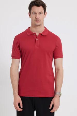 Erkek Slim Fit Dar Kesim %100 Pamuk Kısa Kollu Polo Yaka Kırmızı Tişört