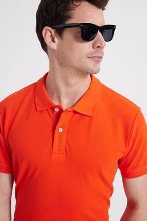 Erkek Slim Fit Dar Kesim %100 Pamuk Kısa Kollu Polo Yaka Turuncu Tişört