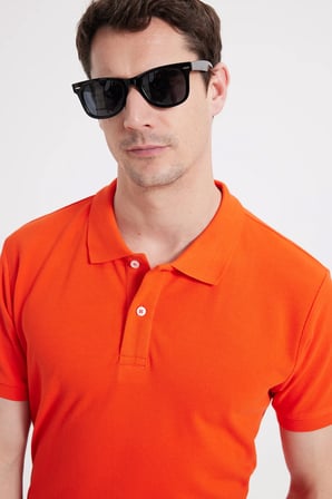 Erkek Slim Fit Dar Kesim %100 Pamuk Kısa Kollu Polo Yaka Turuncu Tişört