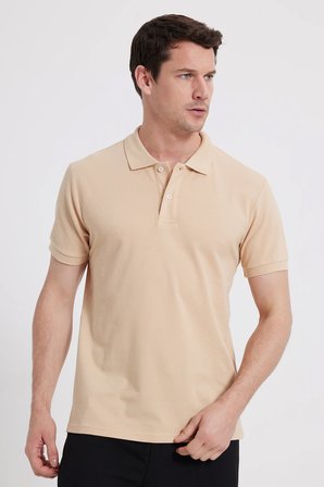 Erkek Slim Fit Dar Kesim %100 Pamuk Kısa Kollu Polo Yaka Bej Tişört