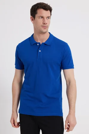 Erkek Slim Fit Dar Kesim %100 Pamuk Kısa Kollu Polo Yaka Lacivert Tişört
