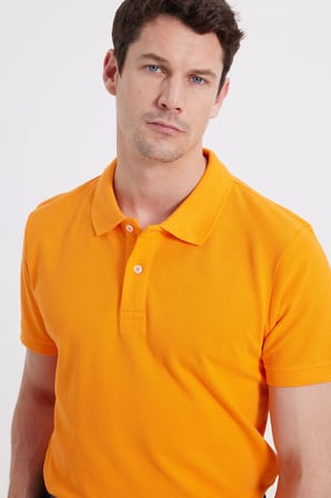 Erkek Slim Fit Dar Kesim %100 Pamuk Kısa Kollu Polo Yaka Turuncu Tişört