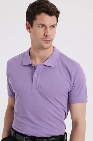 Erkek Slim Fit Dar Kesim %100 Pamuk Kısa Kollu Polo Yaka Mor Tişört