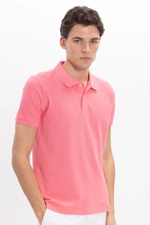 Erkek Slim Fit Dar Kesim %100 Pamuk Kısa Kollu Polo Yaka Pembe Tişört