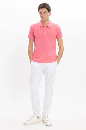 Erkek Slim Fit Dar Kesim %100 Pamuk Kısa Kollu Polo Yaka Pembe Tişört