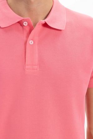 Erkek Slim Fit Dar Kesim %100 Pamuk Kısa Kollu Polo Yaka Pembe Tişört
