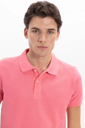 Erkek Slim Fit Dar Kesim %100 Pamuk Kısa Kollu Polo Yaka Pembe Tişört