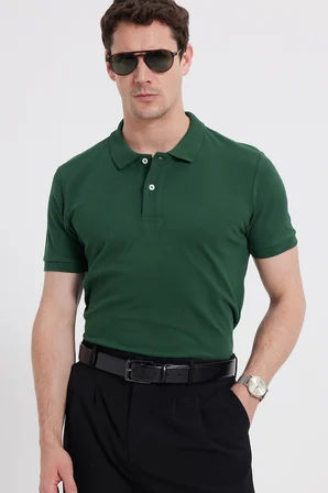 Erkek Slim Fit Dar Kesim %100 Pamuk Kısa Kollu Polo Yaka Haki Tişört