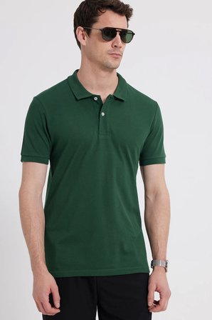 Erkek Slim Fit Dar Kesim %100 Pamuk Kısa Kollu Polo Yaka Haki Tişört