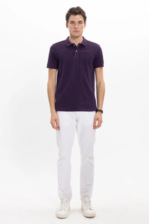Erkek Slim Fit Dar Kesim %100 Pamuk Kısa Kollu Polo Yaka Mor Tişört