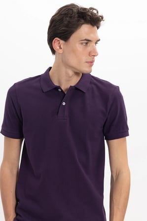 Erkek Slim Fit Dar Kesim %100 Pamuk Kısa Kollu Polo Yaka Mor Tişört