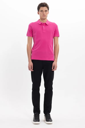 Erkek Slim Fit Dar Kesim %100 Pamuk Kısa Kollu Polo Yaka Pembe Tişört